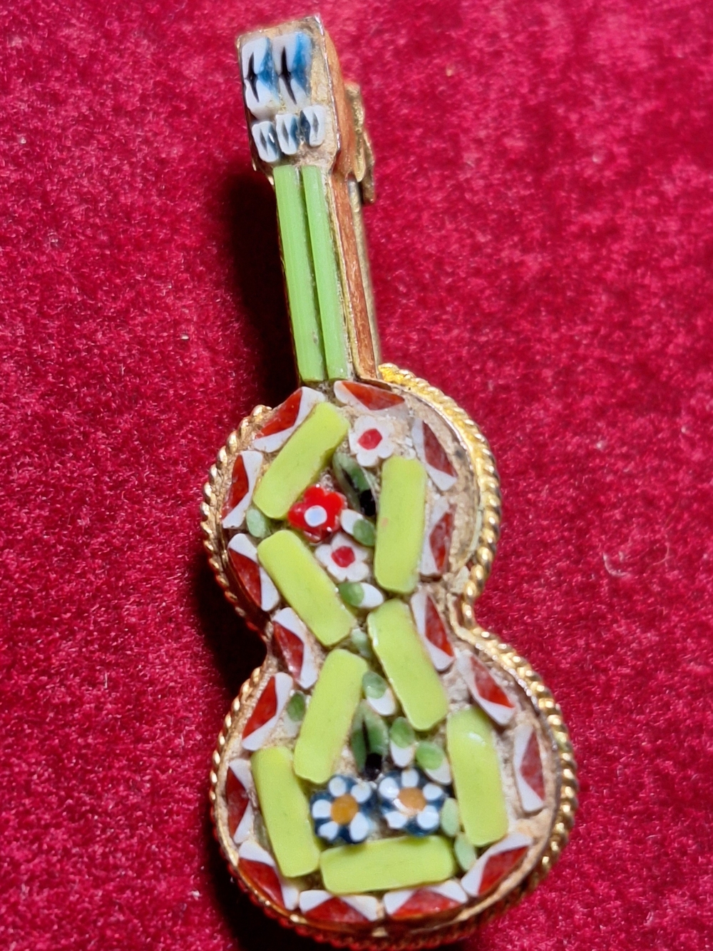 Vintage Micro Mosaic Guitar Brooch. Stamped Italy